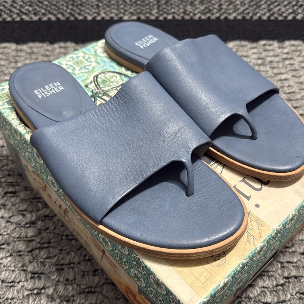 Eileen Fisher Edge Leather Slide Sandal Sz 9 Beach Resortwear Pool Vacation